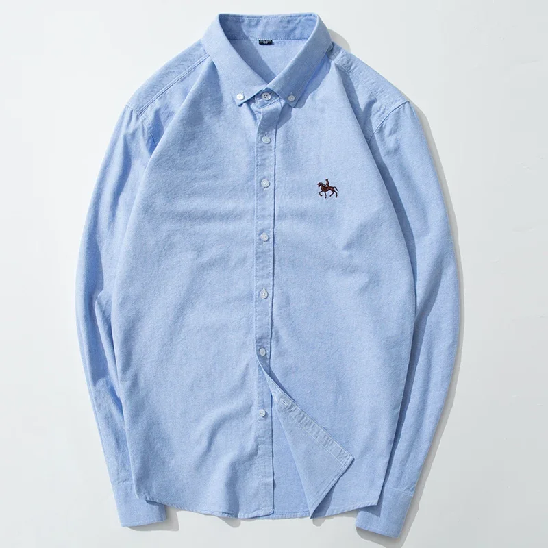 Pure Cotton Oxford  Embroidered Horse Casual Without Pocket Solid Shirt Men\'s Long Sleeve Dress Shirt Men Plus Size