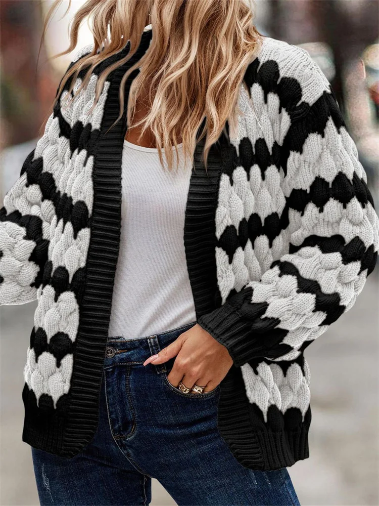 

Striped Cardigan Women Vintage Loose Knitted Sweater Female Winter Lantern Sleeves Twist Cardigans Elegant Casual Knitwears
