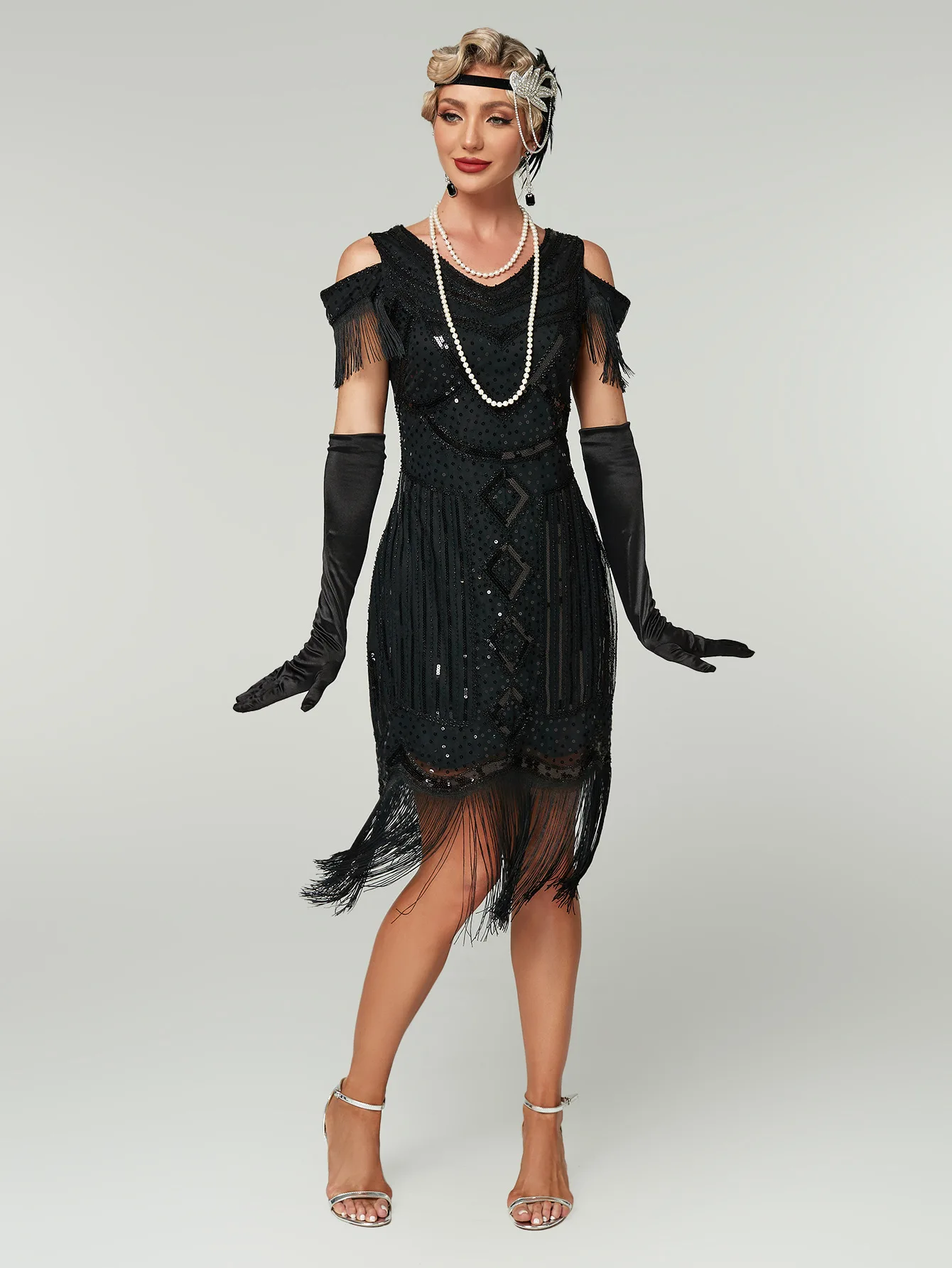 Women Vintage 1920s Flapper Sequin Dress Gatsby Beaded Fringe Cold Shoulder V Neck Elegant Party Evening Prom Vestido Robe
