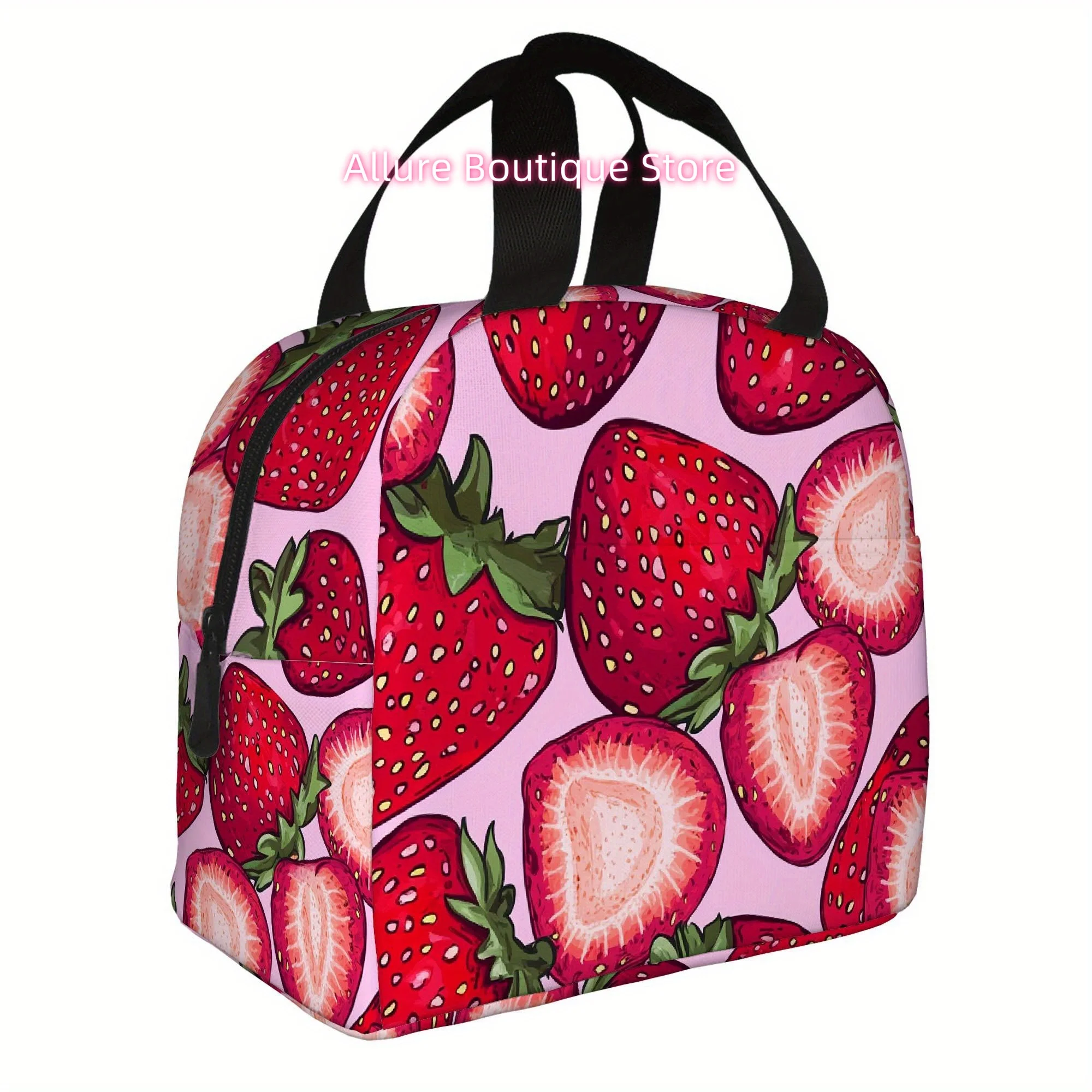 1pc, Strawberries on Pink Background Printed Thermal Bag Insulation Lunch Tote for Food Storage - Unisex Portable Reusable & Ref