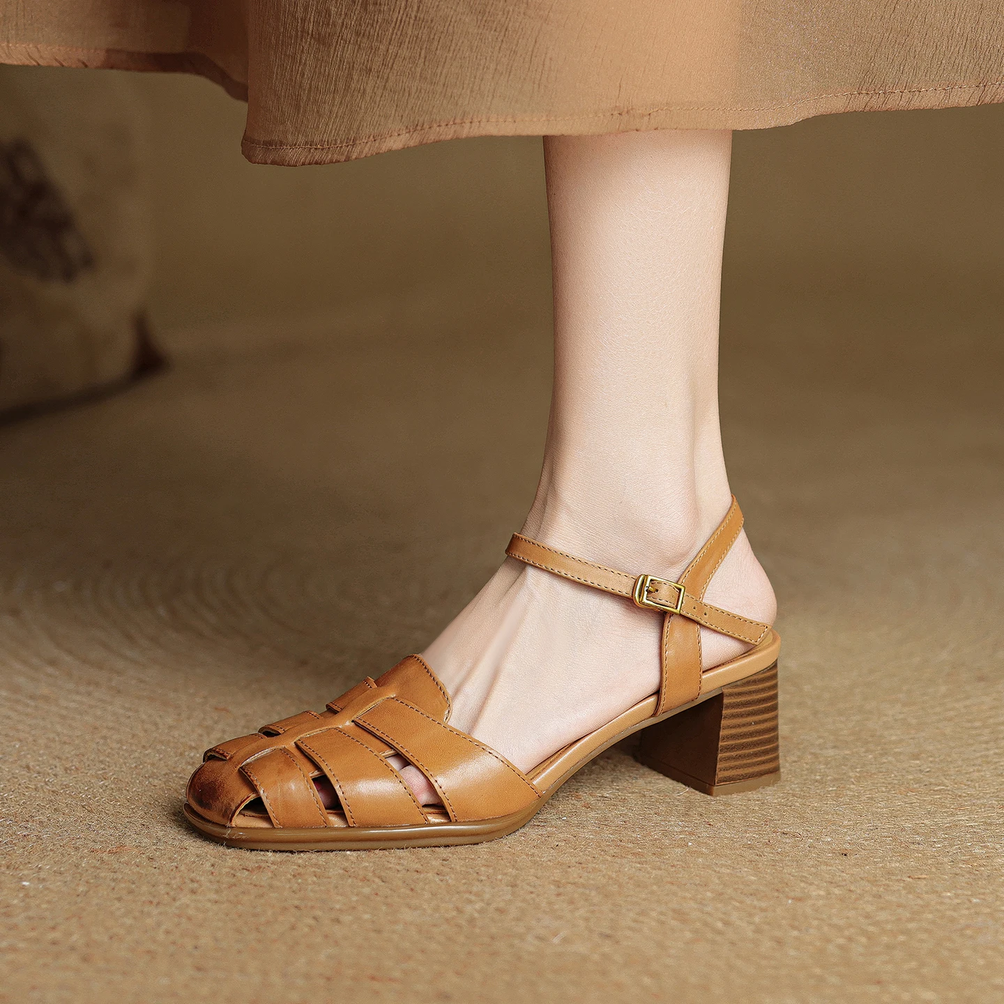 

Sandals Women Genuine Leather Woven Perforated Closed Toe Breathable Gladiator French Chic Dressy Shoes