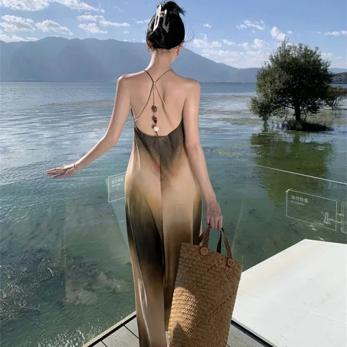 Imagen 2 del producto MUJER Tie dye vestido largo con cuello Halter para mujer, vestido sin mangas con hombros descubiertos y espalda descubierta, vestidos Vintage de verano 2025, vestidos de fiesta para mujer