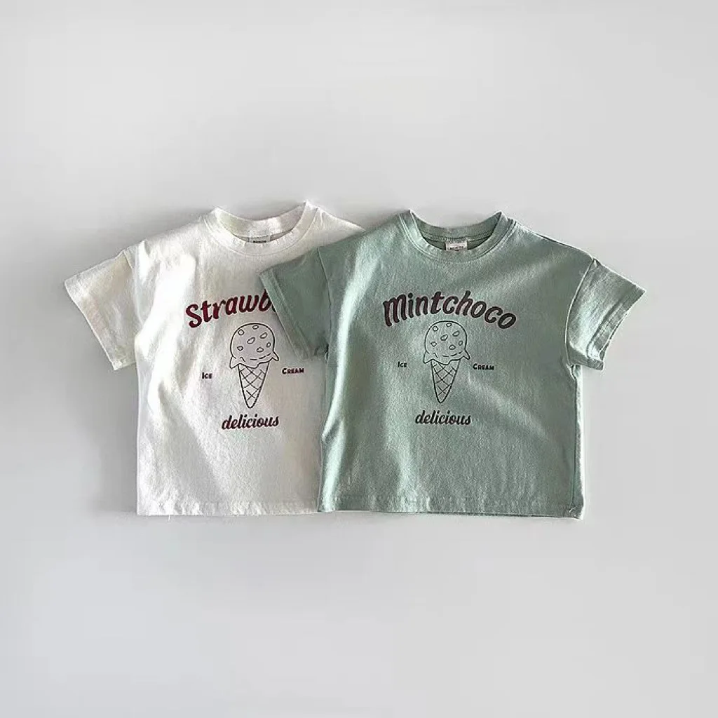 2024 Summer New Baby Short Sleeve T Shirts Cute Ice Cream Print T Shirt For Boy Girl Infant Cotton Tee Toddler Tops Kids Clothes