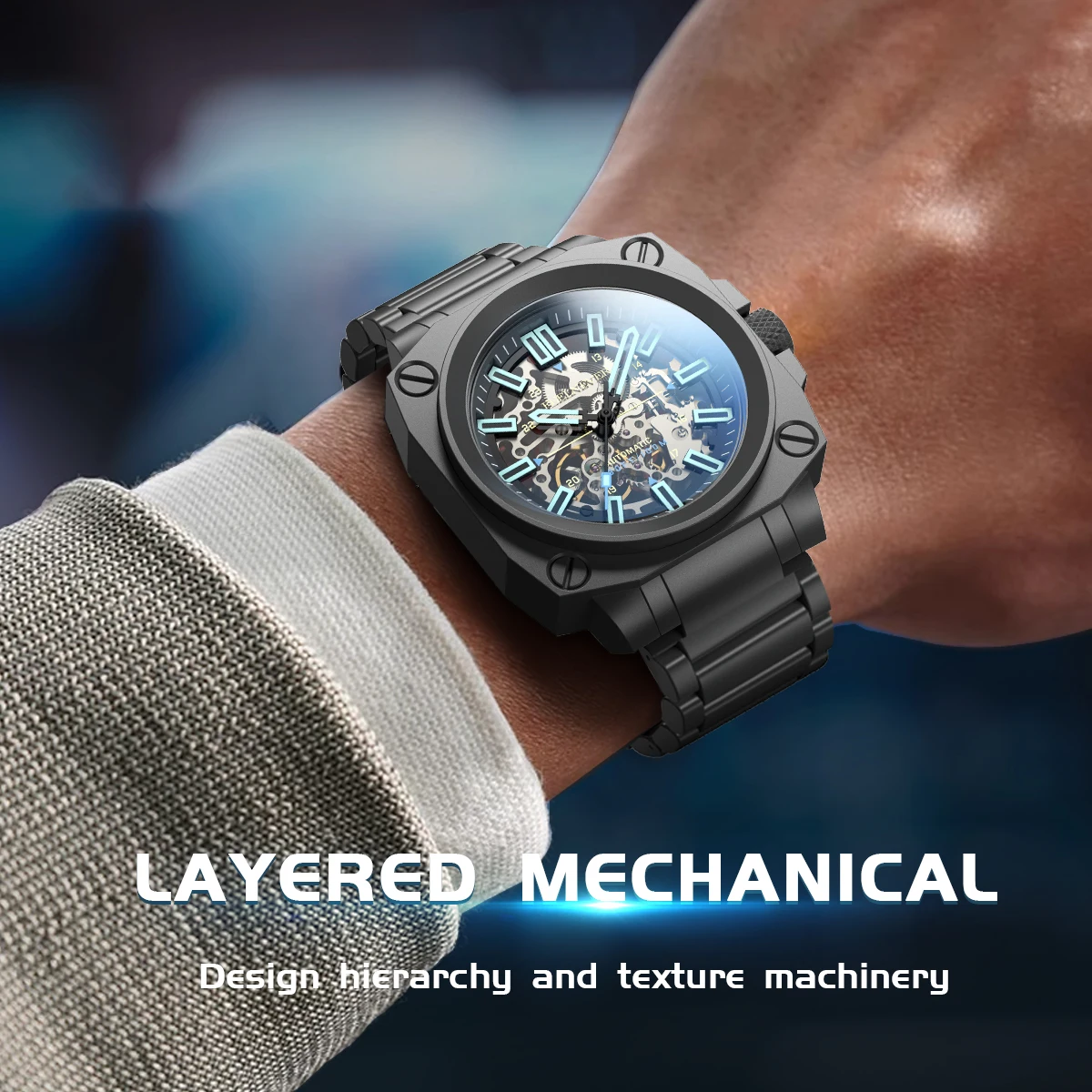 FeelNever Top Brand Luxury Mechanical Man Watch Stainless Steel Hollow Out 100M Waterproof Casual Sport Automatic Luminous Clock view 5