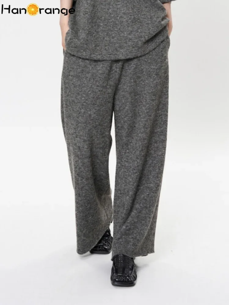

HanOrange 2025 Spring Relaxing Wool Color Dot Knitted Pants Women Loose Wide Leg Ankle Length Trousers Dark Gray