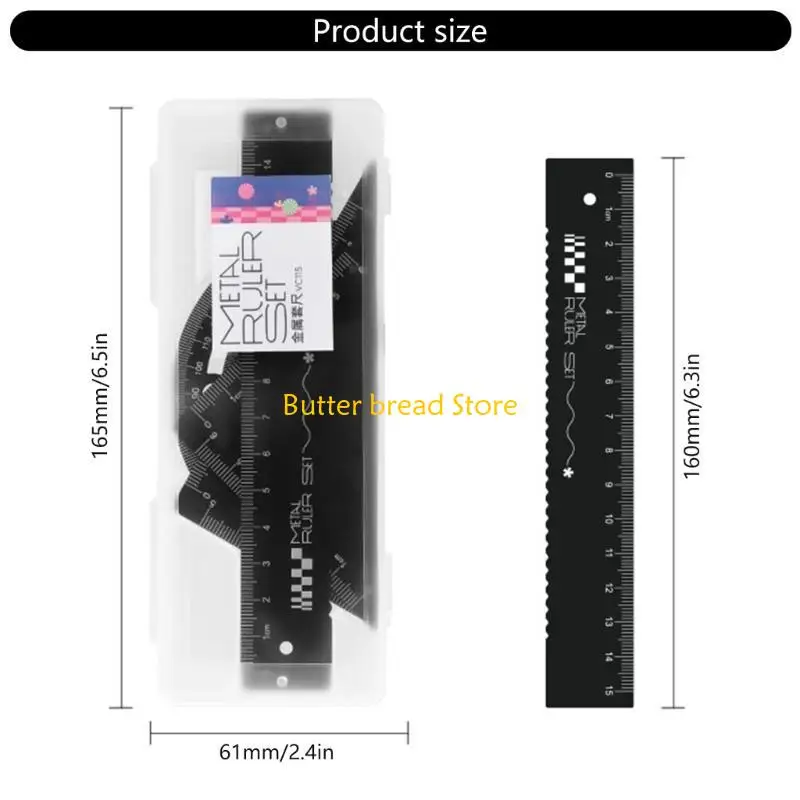 W89C Metal Drafting Ruler Geometry Tool Set with Straight Ruler Set Square Protractor