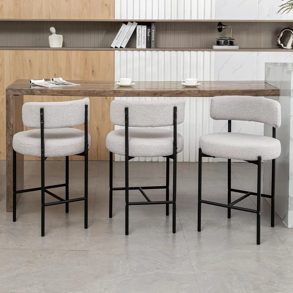 

Set of 3 Grey Boucle Curved Back Counter Height Bar Stools for Kitchen Island or Dining Area