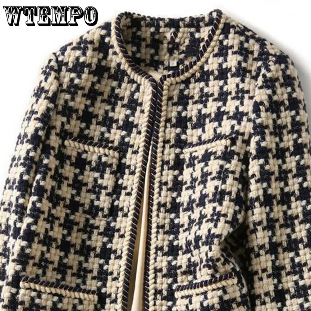 WTEMPO Vintage Early Autumn Tweed Women Jacket Elegant Grid Lady Winter Cardigan Open Front Plaid Outwear