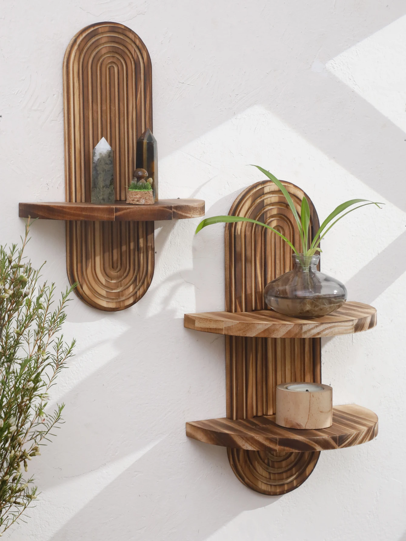 1,2-stufige Wandregale aus Holz, bogenförmiges dekoratives Pflanzenhalterregal für Wohnzimmer und Schlafzimmer, Boho-rustikales Wanddekor-Regal für Zuhause