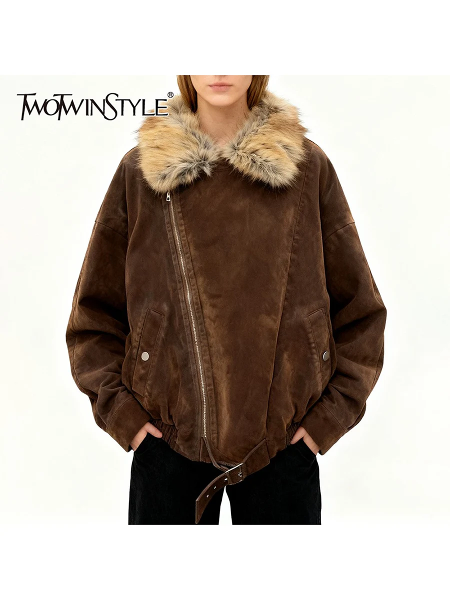 

TWOTWINSTYLE Solid Loose Spliced Zippers Vintage Jackets for Women Fur Collar Long Sleeves Patchwork Folsd Fashion Jacket Female