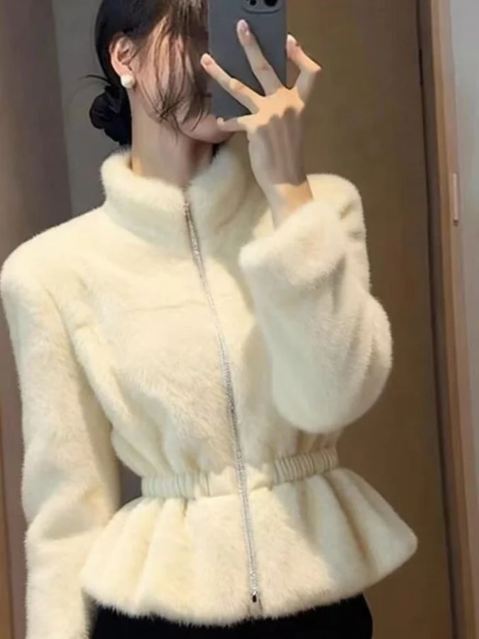 

Модная корейская женская куртка-пальто белого цвета, приталенная, с длинным рукавом, на молнии, для осеннего сезона