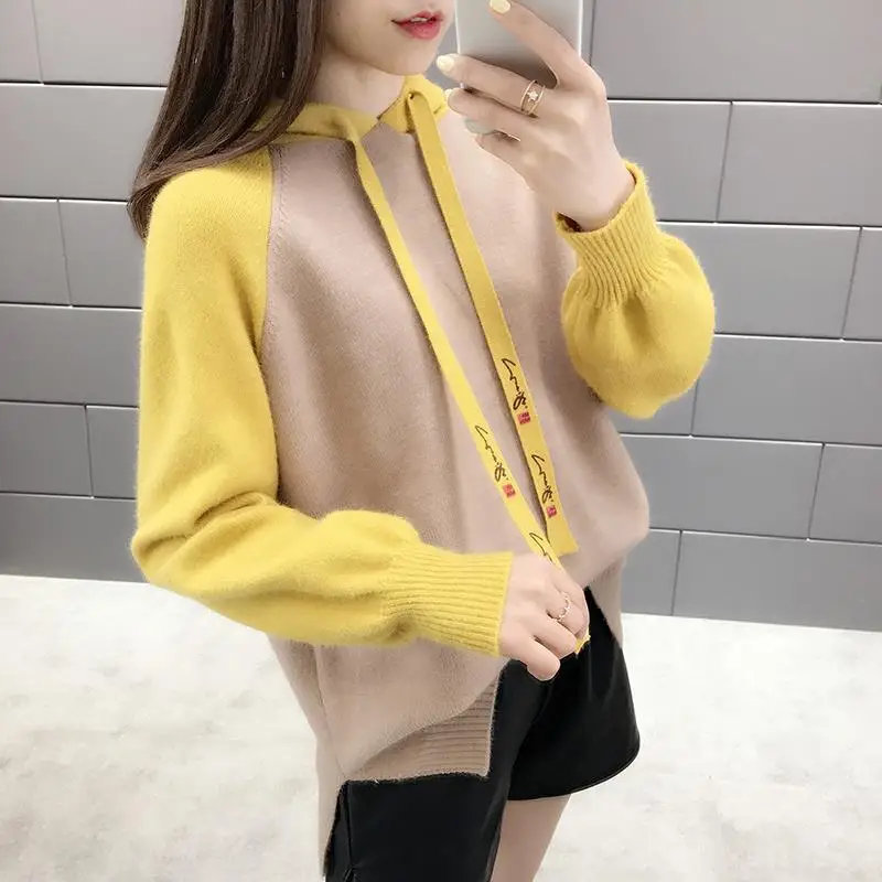Autumn Winter Korean Fashion Spliced Hooded Tops 2023 Women's Clothing Casual Loose Long Sleeve Knitted Pullovers for Female