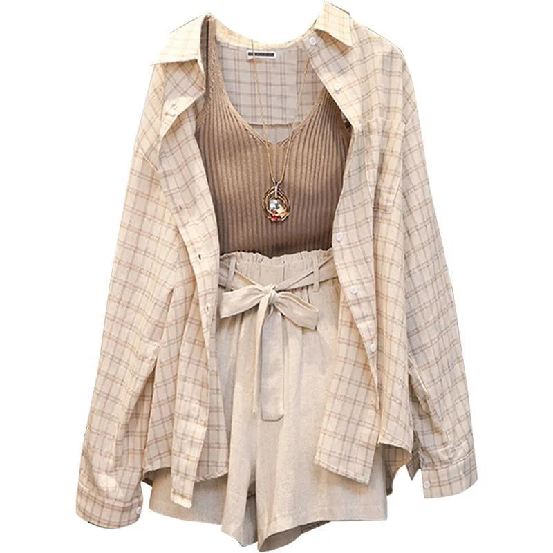 

2022 Summer Women's Short Suit Three Piece Sets Tops Casual Outfits Linen Plaid Shirt Sports Knit Vest with Belt Sportswear