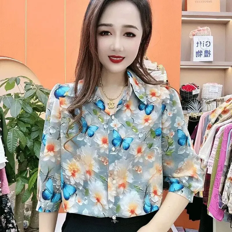 Women\'s Summer Printed New Style Temperament Seven Quarter Sleeved Shirt Loose and Slimming Fashionable and Stylish Shirt