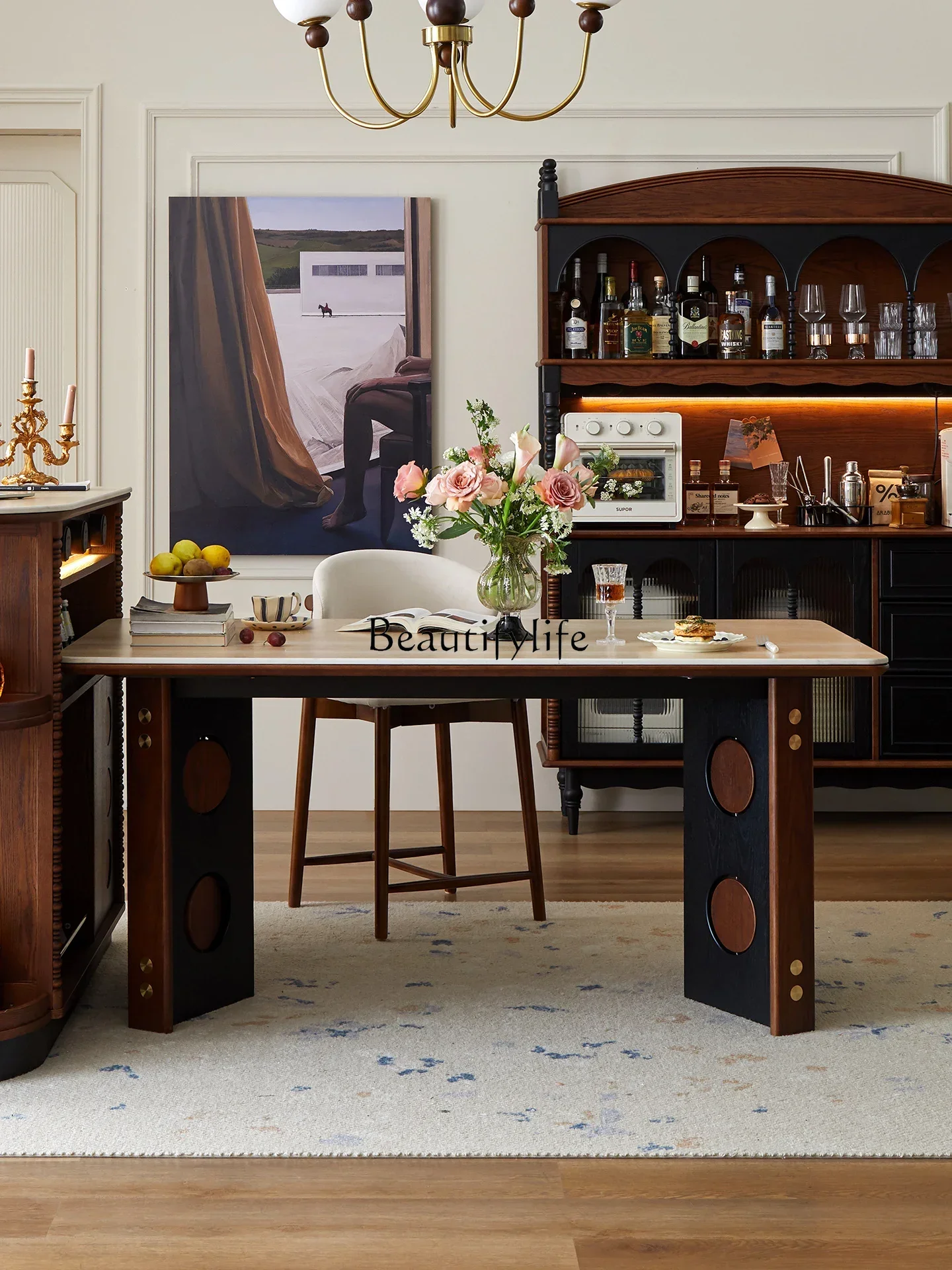 

PG45 Medieval travertine rock slab dining table living room household small apartment rectangular table