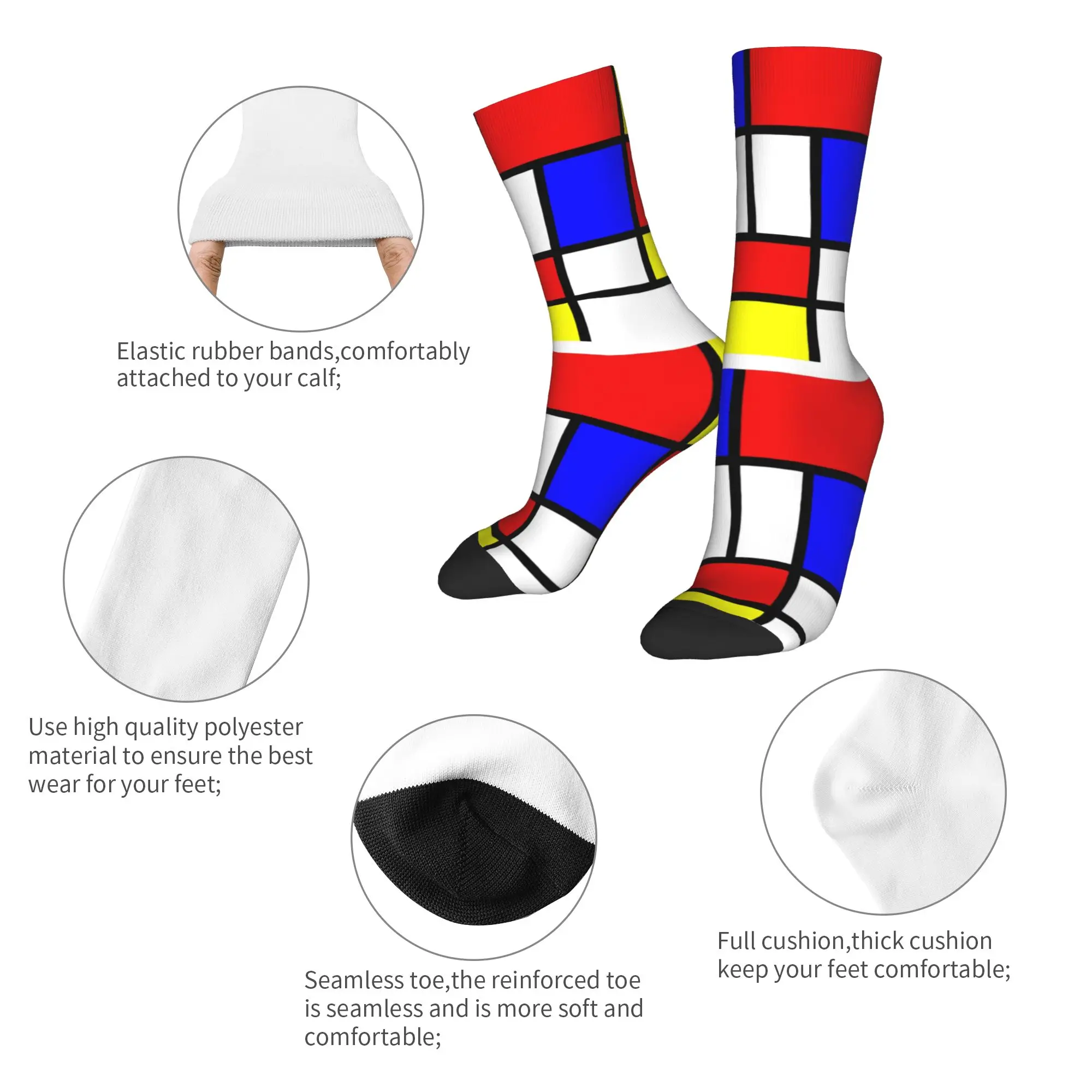 Custom Novelty Printed Mondrian Red Yellow Blue Abstract Socks for Men Women Stretch Autumn Winter Geometric Modern Crew Socks
