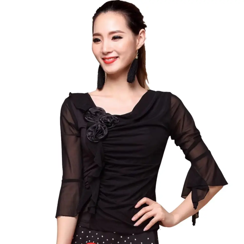 Latin Shirt Ballroom Top Solid Mesh Loose Sleeves Dance Practice Wear Flamenco T-Shirt Competition Costume Performance Clothes