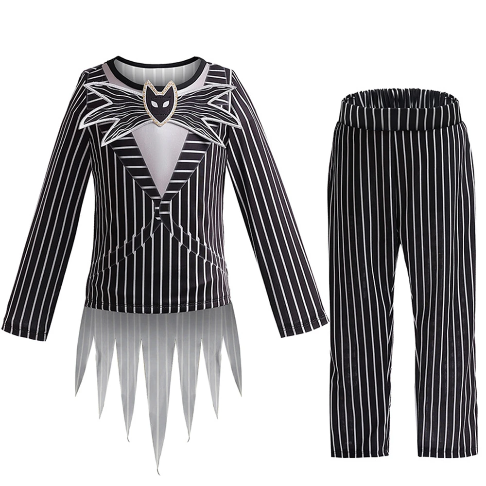 Halloween Party Christmas Nightmare Jack Cosplay Costume Boy Skull Skellington Striped Uniform Clothing Set Girls Sally Dress Up