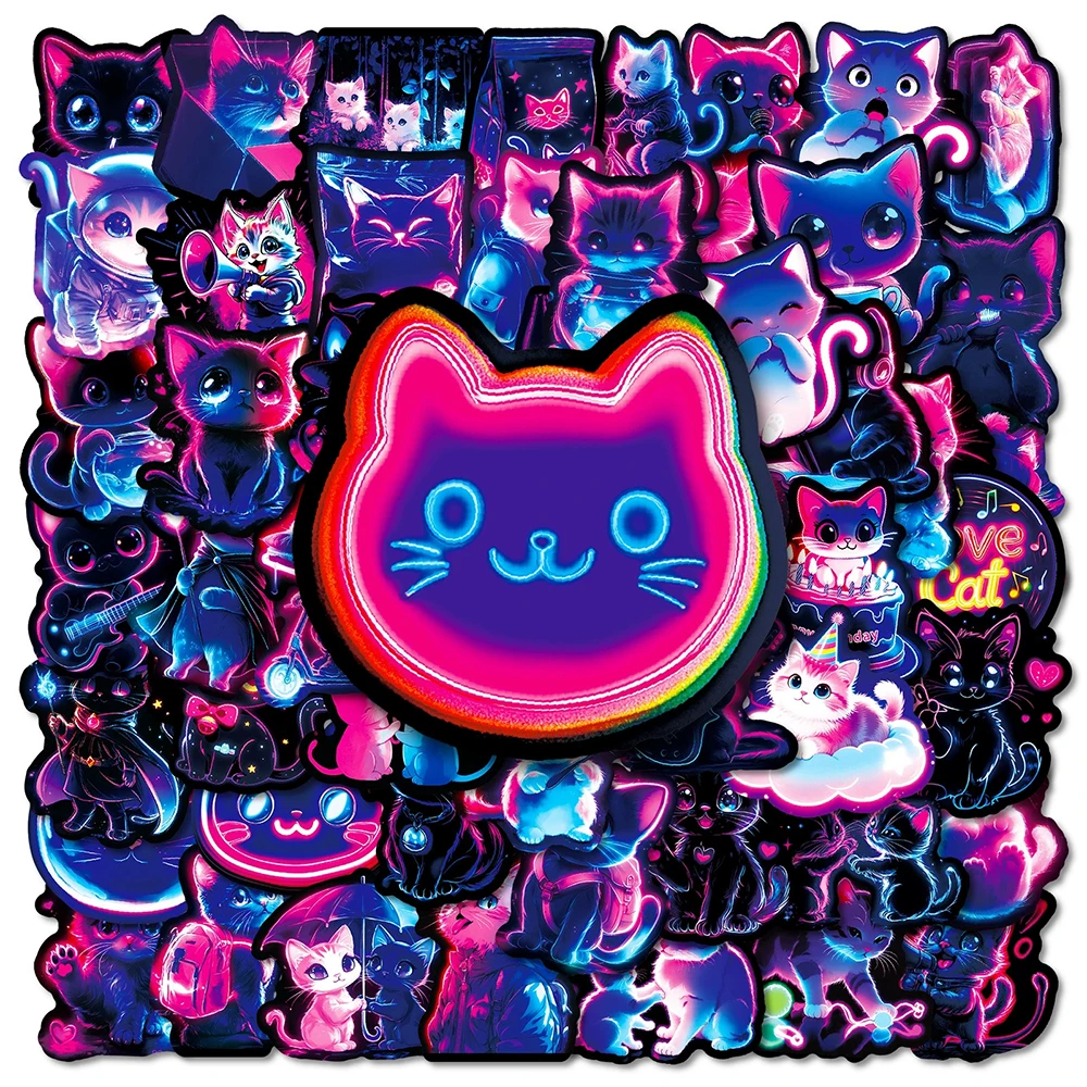 

10/30/50pcs Neon Light Cartoon Cat Stickers Cute Aesthetic Kid Decals Toy DIY Skateboard Phone Luggage Waterproof Sticker Decor