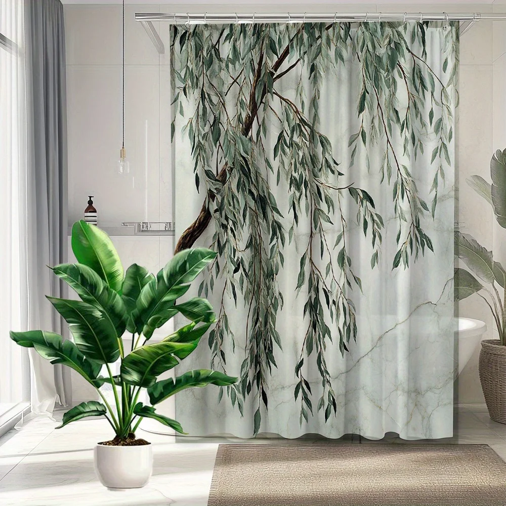 

1pc Natural Landscape Tree Shower Curtain, Vivid Leaf Pattern Brings a Calming Atmosphere, Durable Polyester Fabric Bathroom Dec