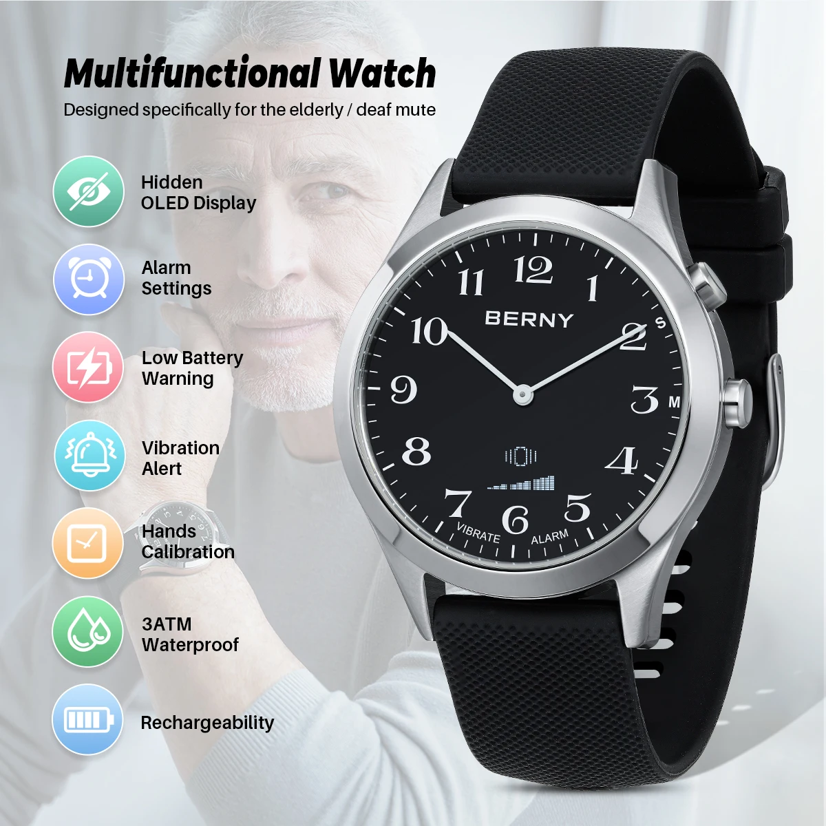 BERNY Analogue Vibrating Watch Multifunctional Elderly medication reminder for elderly/deaf Watch for hearing impaired Watches