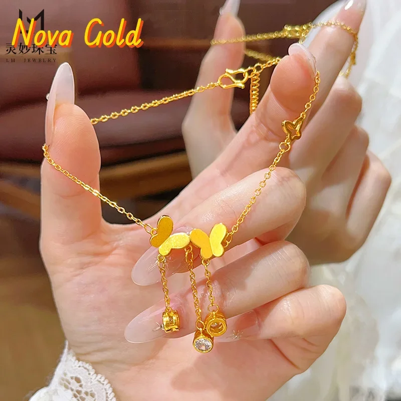 

NovaGlod: Ножной браслет с двойной бабочкой и бриллиантами, 24K, из настоящего золота, с ажурным узором, 9999 пробы, маленький размер