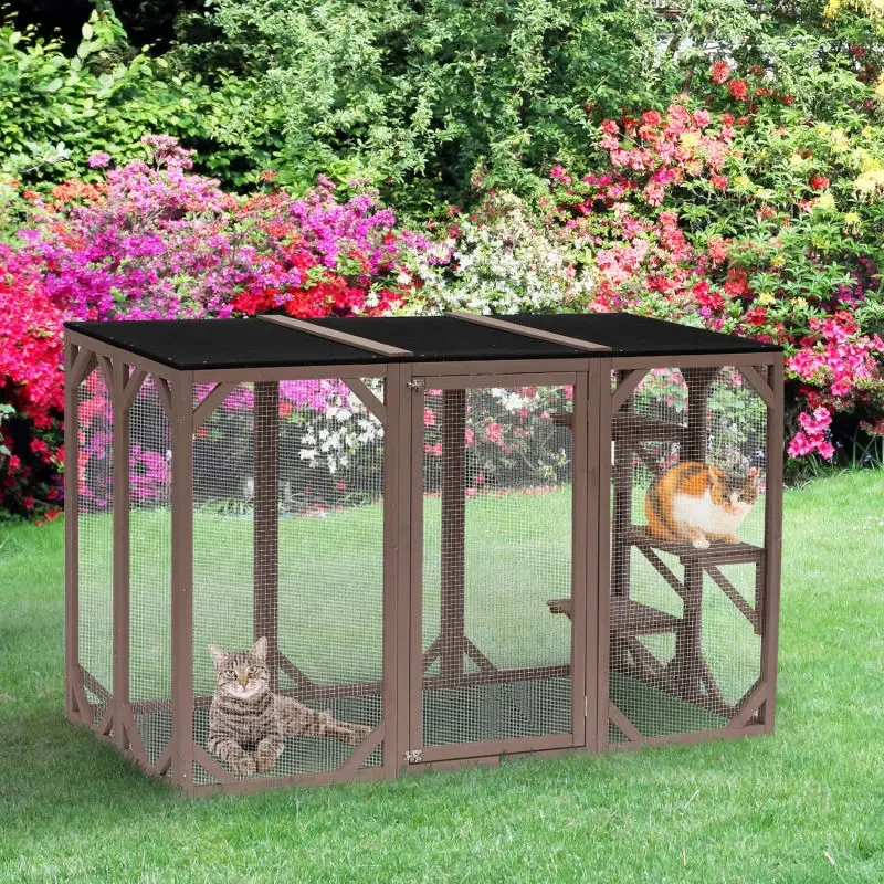 Catio Wooden Feral Cat Shelter, Cat Cage with Platforms, Large Enter Door, Weather Protection Asphalt Roof, 71