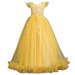 Yellow New Girl Flower Elegant Long Dress FOR 4 to 14 years Children's Ball Embroidered Princess Dress