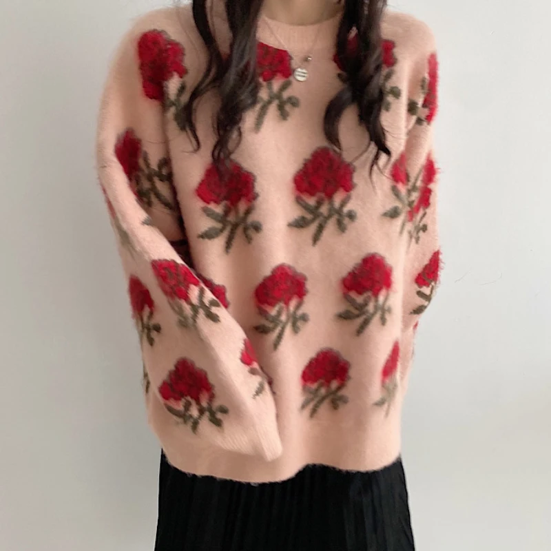 ZOKI Designed Women Jumper Elegant Korean Women Rose Embroidery Sweater Pullover Winter Thick Ladies Casual Tops New 2023