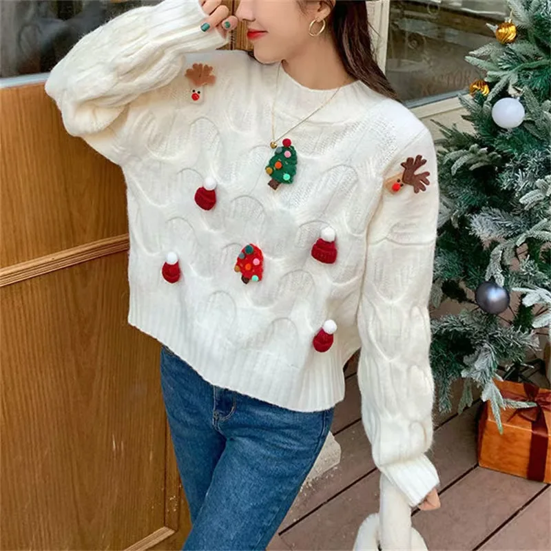 Sweater rajut tambal sulam 3D natal wanita, Sweater rajut Tahun Baru musim gugur, pullover rajut, pakaian rajut mode musim dingin