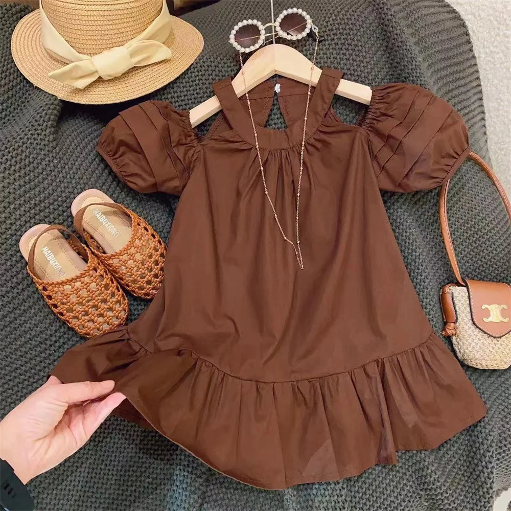 New Girls Dress Fashionable Solid Color Sweet and Gentle Princess Pure Cotton Dress 2024 Summer Dress Kids Dresses for Girls