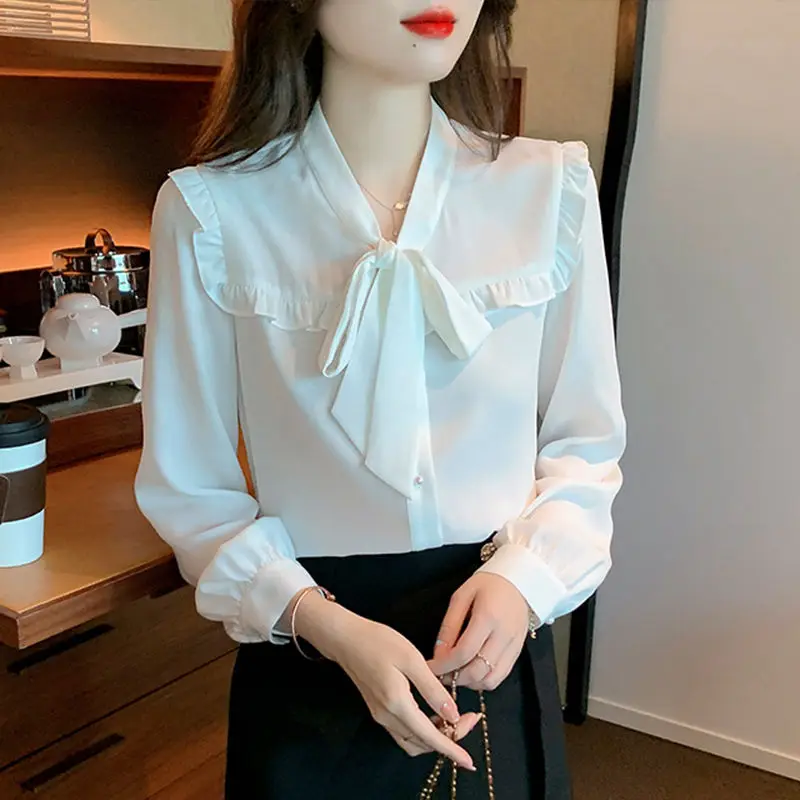 Women French Style Ruffled Lace Up Bow Chic Shirts Spring Autumn Trendy Long Sleeve Elegant Blouses White Sweet Fairy Tops Blusa