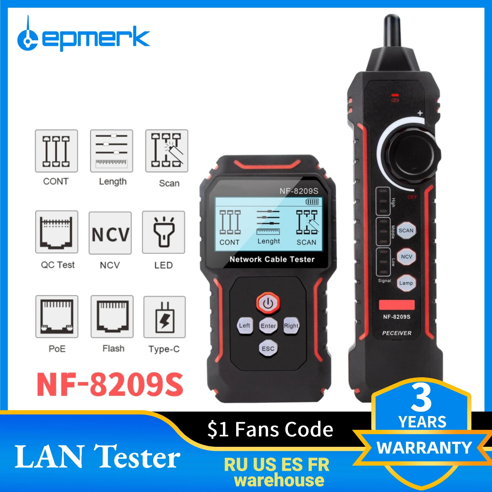 Lepmerk NF-8209S Network Cable Tracker RJ11/RJ45/Cat5/Cat6 Telephone Wire Tracer Toner Ethernet LAN Tester