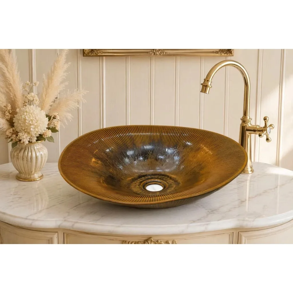 R*# Light  Modern Flower-Shaped Bronze Relief Ceramic Eco-Friendly Countertop Sink for Bathroom Washroom Outdoor Hotel Use
