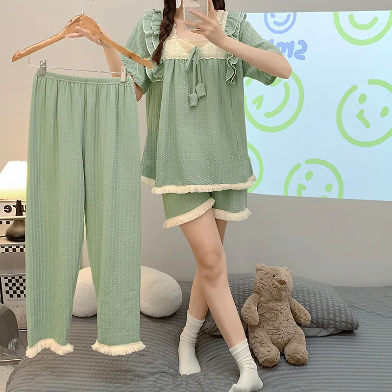 

5xl Plus Size Women 3pcs Pajamas Set Women's Summer Short Sleeved Blouse Trousers Shorts Large Size Loose Loungewear Homewear