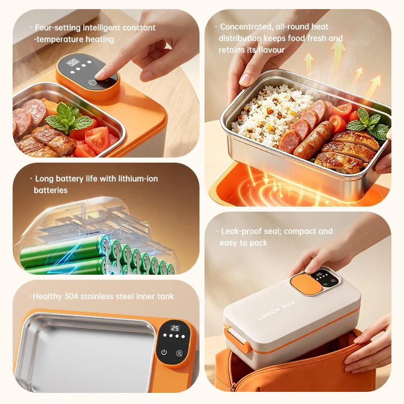 TINSOL Rechargeable Wireless Heated Lunch Box 700ml 304 Stainless Steel Liner 7200mAh 4 Modes 40W Portable Insulated Food Warmer image 2