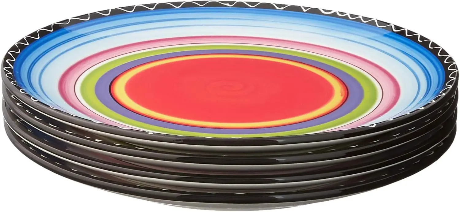 

Tequila Sunrise Ceramic Dinner Plates Set of 4, 11-Inch Vibrant Multicolor Plates with Black Rim, Assorted Designs, Bold