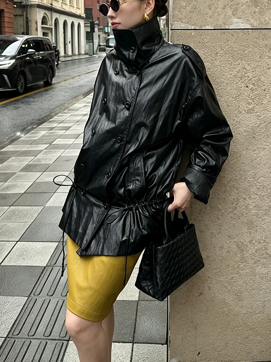 LIMO  Women Glossy Faux Leather Jacket Stand Collar Drawstring Waist LooseAdjustable Hem Windproof Streetwear Casual Outerwear