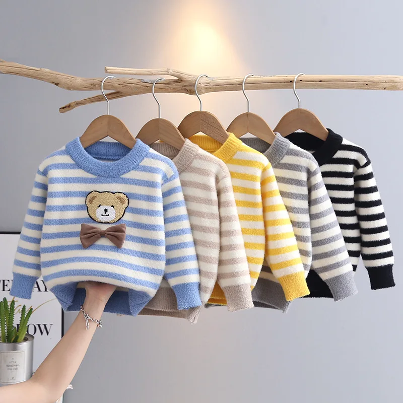 

New Children Stripe Sweater Winter Round Collar Pullover Sweater Boys Girls Cotton Loose Tops Baby Soft Knitwear Clothes HY09241