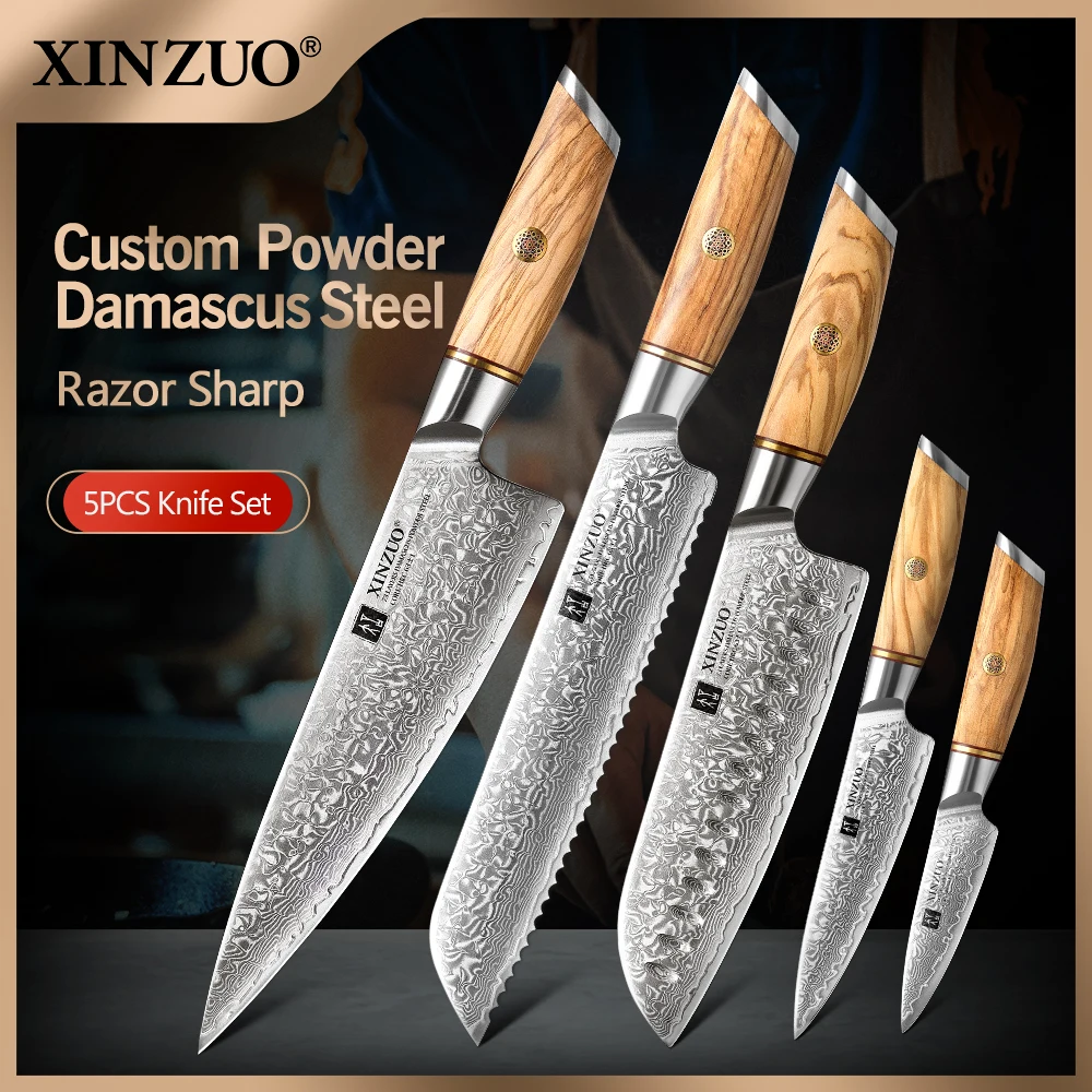 XINZUO 5pcs Knife Set Damascus Steel Bread Chef Meat Knife Olive Wood Handle Meat Vegetable Kitchen Cutter Chef Knife