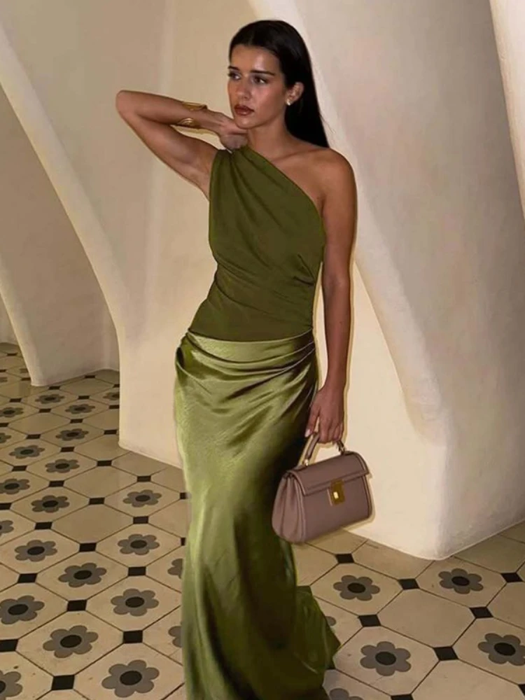 FDYOUI Chic monospalla senza maniche abito da sera asimmetrico donna sexy colletto diagonale tuniche increspate abiti lunghi da ballo per feste