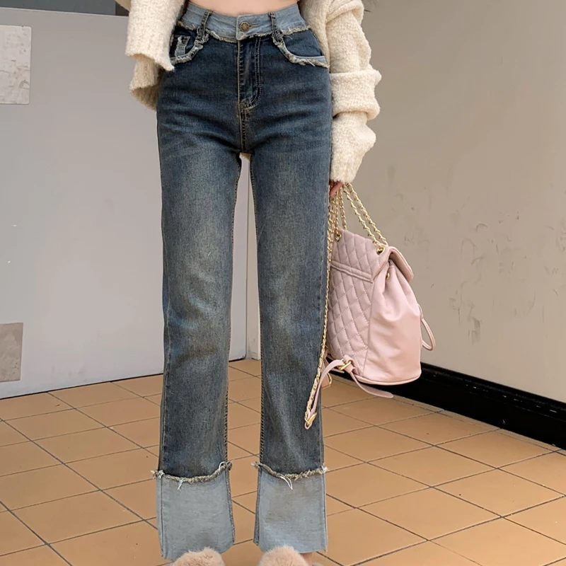 Jeans jeans vintage de cintura alta feminino, calça até o tornozelo, streetwear crimpador, roupas de perna larga, moda primavera, Y2k