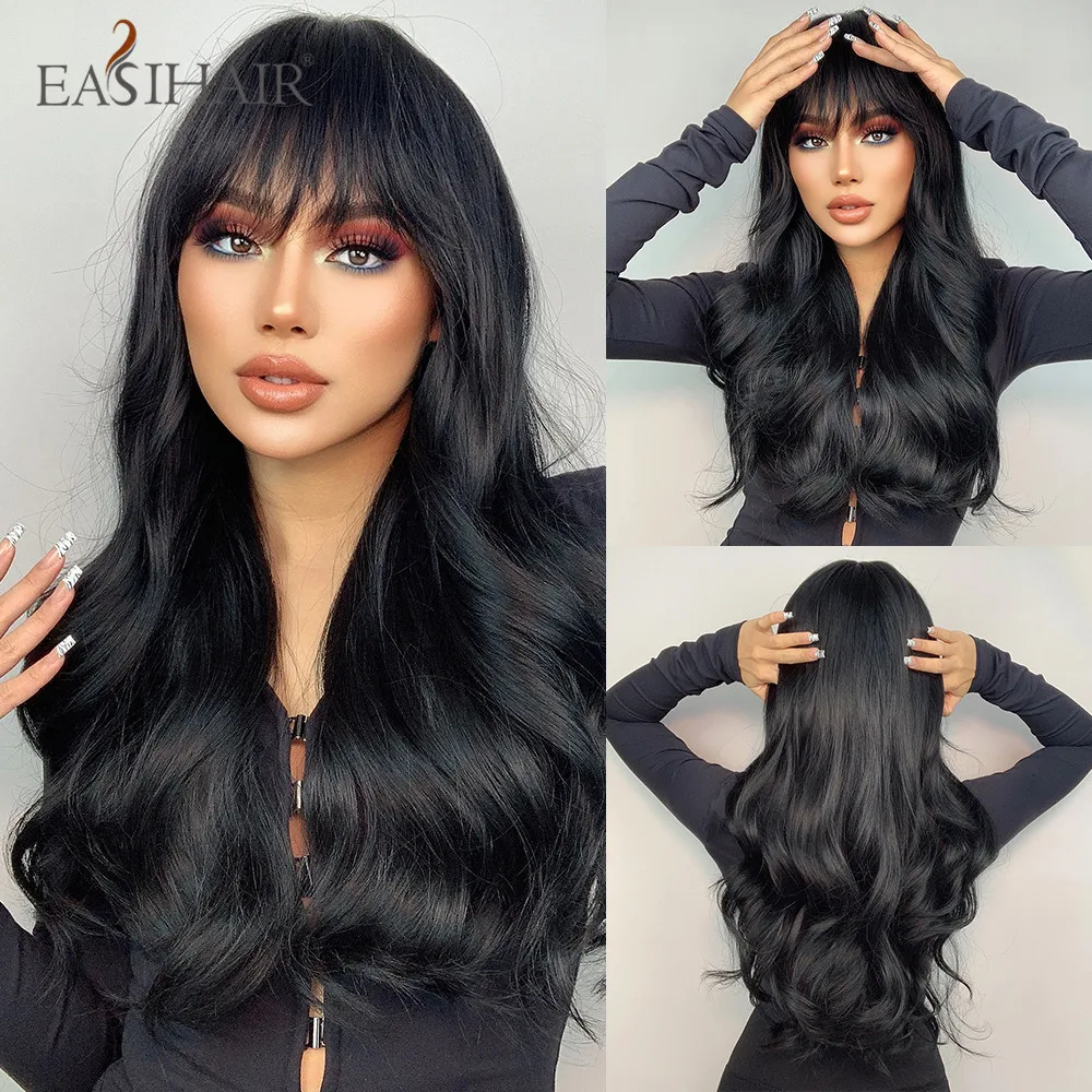 EASIHAIR Long Black Wigs Cosplay Body Wave Synthetic Wigs with Bangs for White Black Women Brazilian American Natural Hair