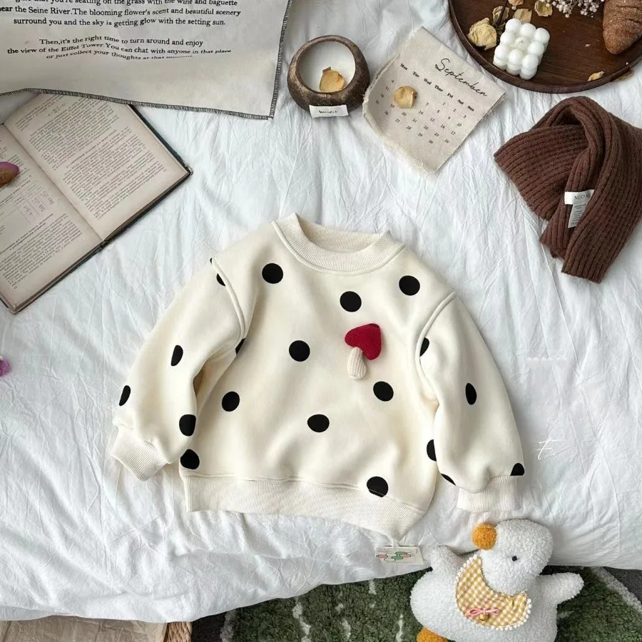 Girls Polka Dot Fleece Hoodie Autumn Winter Korean Style Cute Cartoon Print Casual Warm Sweatshirt Kids Toddler Outerwear
