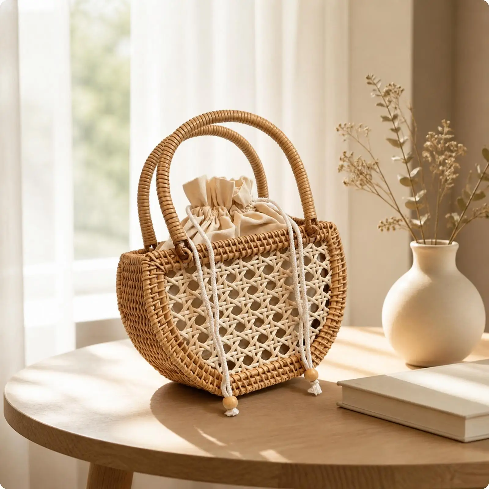 Textured Woven Rattan Handbag for Women Beige White Straw Purse with Wooden Beads Drawstring Closure Lightweight