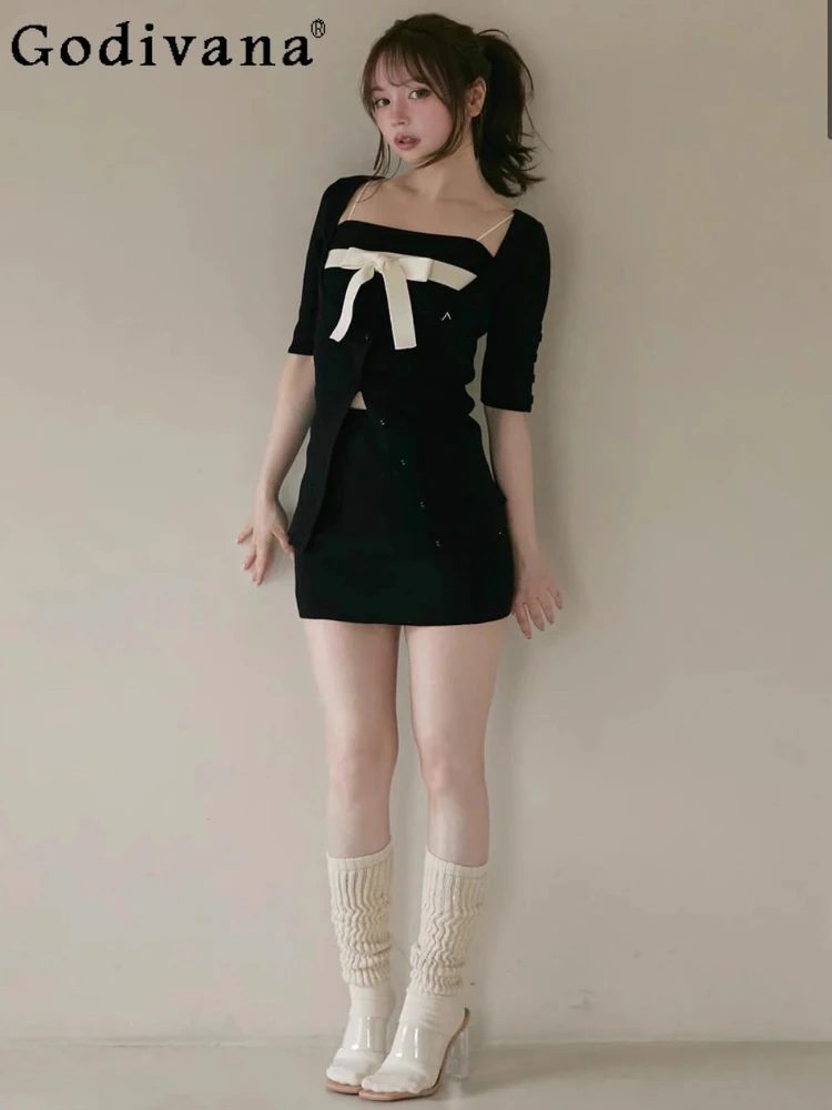 

Japan Sweet Girls Women's Bow U-neck Slim Knit Cardigan Y2k Aesthetic Slim Top Waist Cinching Short Skirt Harajuku 3-piece Set