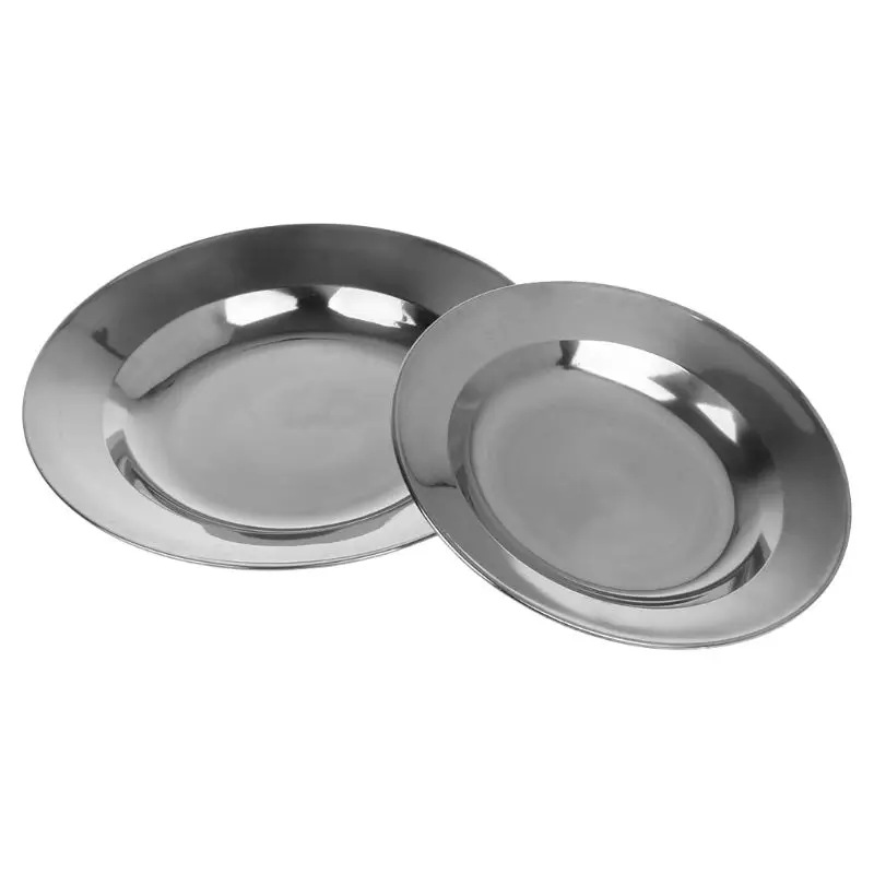 Stainless Steel Round Dinner Plate Dish Tray Container Outdoor Camping Pic