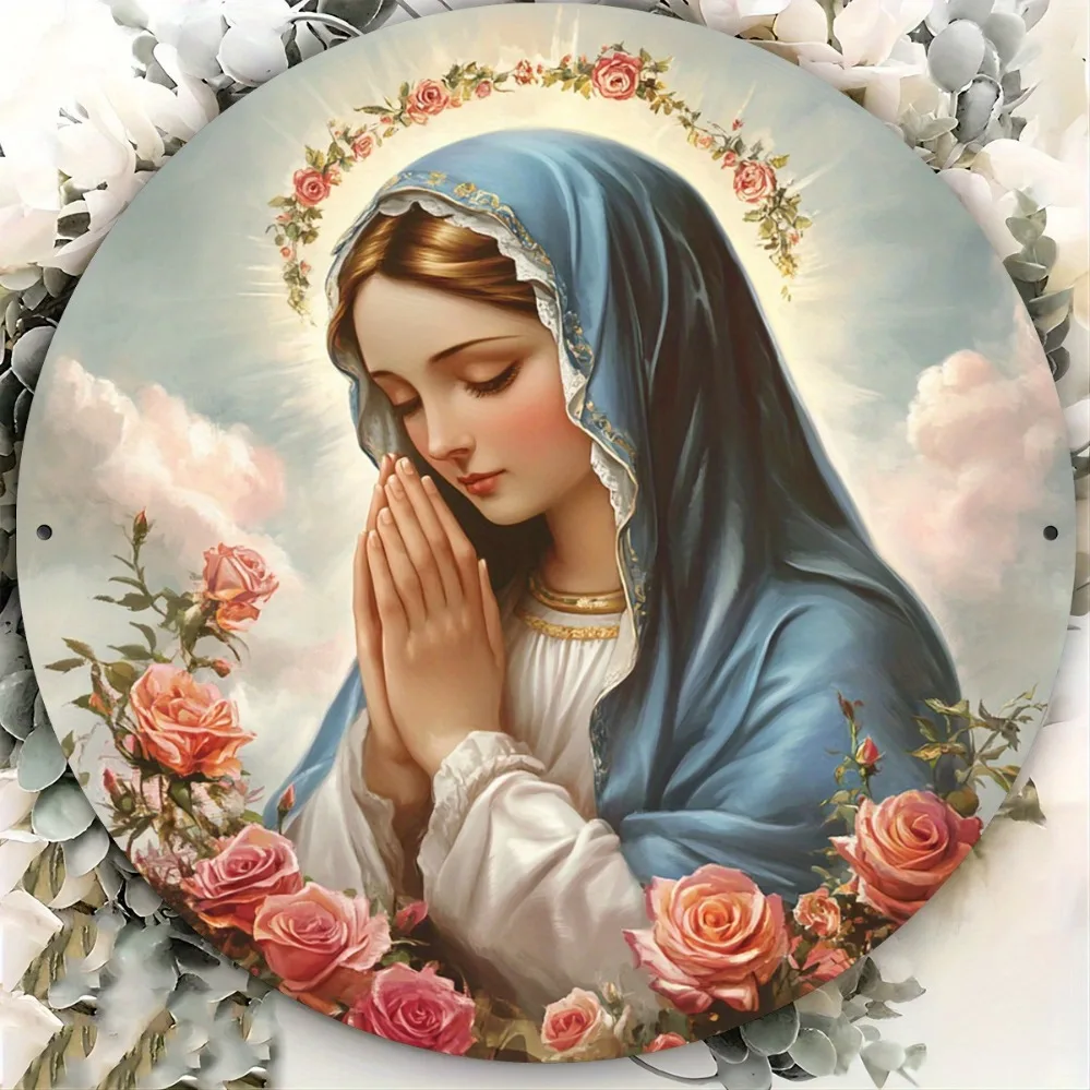 Arte Metálico de Pared de Nuestra Señora de Guadalupe, Redondo de 8x8 Pulgadas - Decoración Religiosa de la Virgen María con Rosas y Flores para el Hogar, Cocina y Fiestas