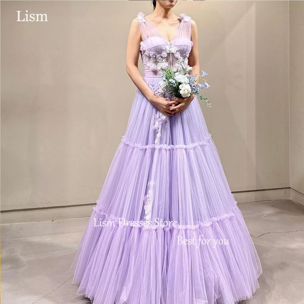 LISM Lavender Tulle Wedding Dresses V-Neck Sleeveless A-line Bridal Gown Floral Appliques Korea Photo Shoot Dresses Custom Made