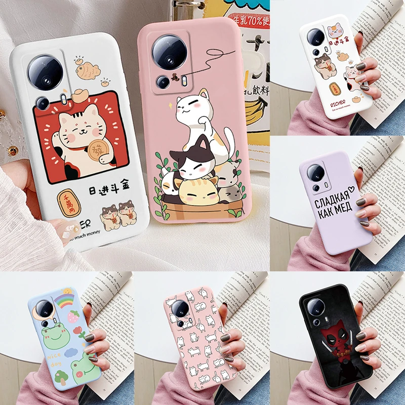 Cute Case For Xiaomi 13 Lite Soft Cover Cartoon Cat Sunflower TPU Fashion Paint Matte Soft Bumper Funda For Xiaomi 13Lite Shell